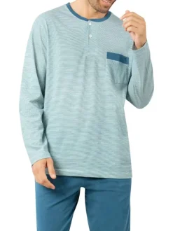Pyjama long en coton bleu clair à rayures avec un col tunisien