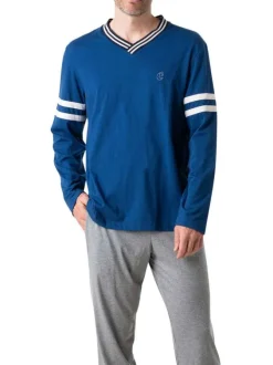 Pyjama long en coton bleu à col v avec des liserés sur le haut