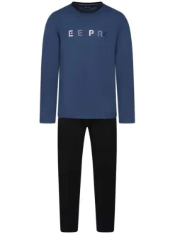 Pyjama long en coton bleu et noir imprimé avec une coupe droite et un col rond