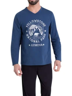 Pyjama long en coton bleu et noir uni à coupe droite avec un imprimé