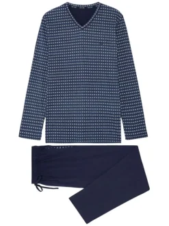 Pyjama long en coton bleu imprimé géométrique avec un col v et une coupe fermée