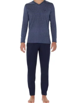 Pyjama long en coton bleu imprimé géométrique avec un col v et une coupe fermée