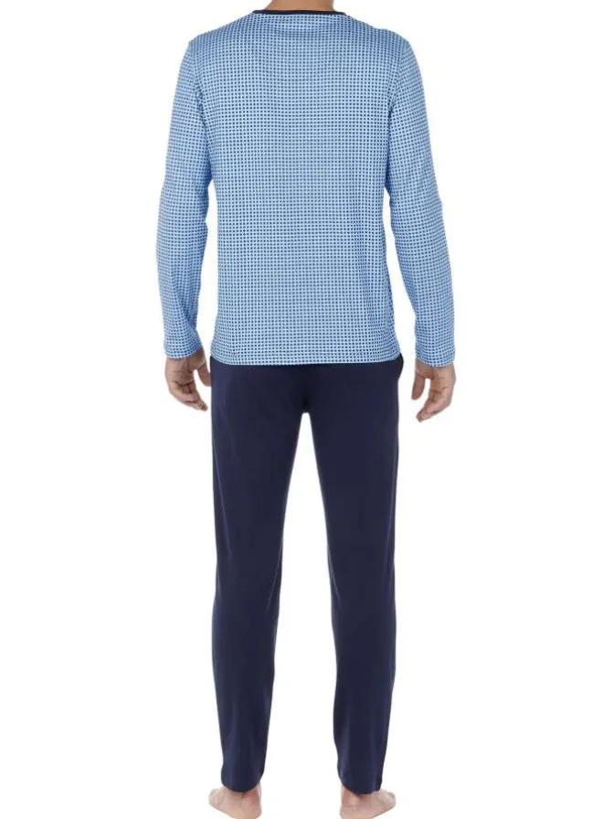 Pyjama long en coton bleu imprimé géométrique coupe fermée col v