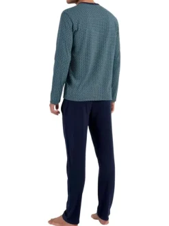 Pyjama long en coton bleu imprimé ovales avec coupe fermée et col tunisien