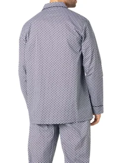 Pyjama long en coton bleu marine à motifs avec un col à revers et des poches
