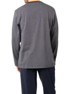 Pyjama long en coton bleu marine à petits motifs avec un col v