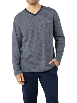 Pyjama long en coton bleu marine à petits motifs avec un col v