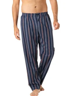Pyjama long en coton bleu marine à rayures avec un col cubain et des poches