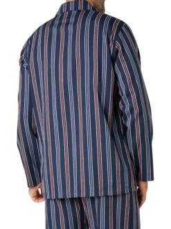 Pyjama long en coton bleu marine à rayures avec un col cubain et des poches