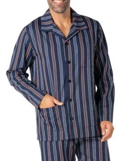 Pyjama long en coton bleu marine à rayures avec un col cubain et des poches