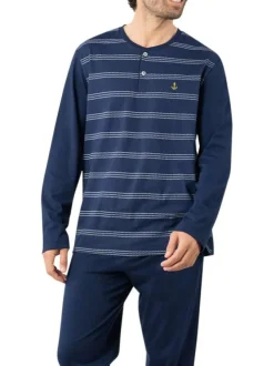 Pyjama long en coton bleu marine à rayures avec un col tunisien à boutons