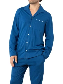 Pyjama long en coton bleu marine uni avec un col à revers et des poches