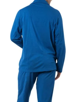 Pyjama long en coton bleu marine uni avec un col à revers et des poches