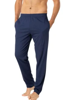 Pyjama long en coton bleu marine uni à col v avec des liserés