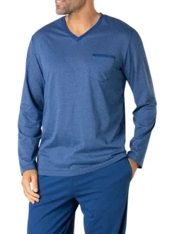 Pyjama long en coton bleu à minis motifs avec un col v et une poche