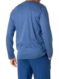 Pyjama long en coton bleu à minis motifs avec un col v et une poche