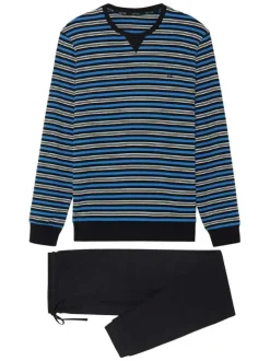 Pyjama long en coton bleu à rayures avec coupe fermée et col rond