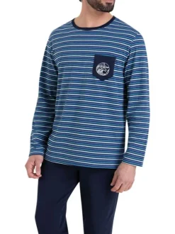 Pyjama long en coton bleu à rayures et à coupe droite avec une poche