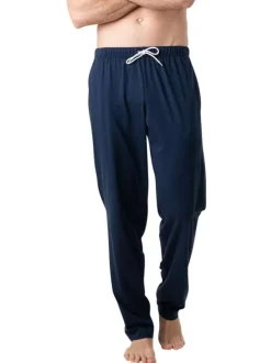 Pyjama long en coton bleu uni à col rond avec une poche plaquée