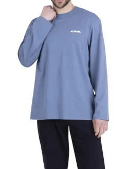 Pyjama long en coton bleu uni pourvu d'un col rond et d'une coupe droite