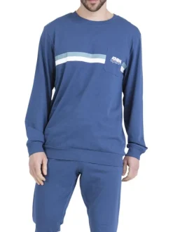 Pyjama long en coton bleu uni pourvu d'une poche plaquée sur le coeur