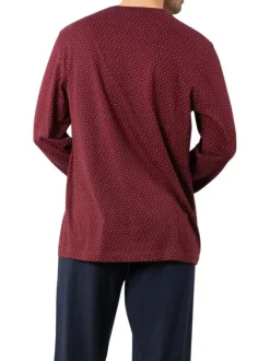 Pyjama long en coton bordeaux avec un col v et des minis motifs imprimés
