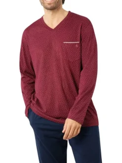 Pyjama long en coton bordeaux avec un col v et des minis motifs imprimés
