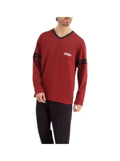 Pyjama long en coton brique uni avec une coupe droite et un col V