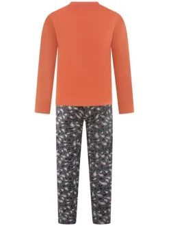 Pyjama long en coton couleur brique et fleuri avec une coupe droite et un col v
