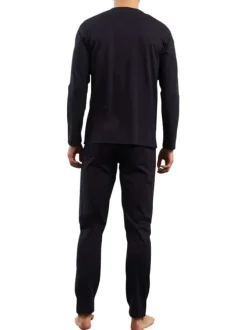 Pyjama Long en coton couleur nuit uni avec une coupe droite et un col rond