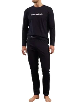 Pyjama Long en coton couleur nuit uni avec une coupe droite et un col rond