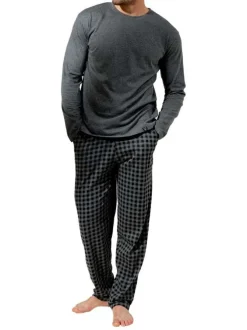 Pyjama long en coton gris à carreaux avec une coupe droite et un col rond