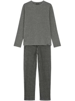 Pyjama long en coton gris à carreaux avec une coupe droite et un col rond