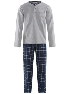 Pyjama long en coton gris et à carreaux avec une coupe droite et un col tunisien
