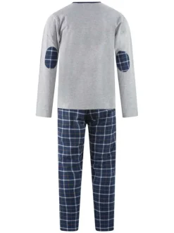 Pyjama long en coton gris et à carreaux avec une coupe droite et un col tunisien
