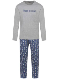 Pyjama long en coton gris imprimé ours avec une coupe droite et un col rond