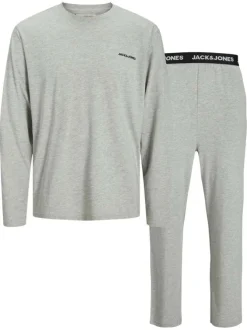 Pyjama Long en coton gris uni avec un col rond et une coupe fermée