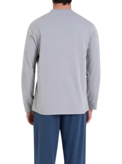 Pyjama long en coton gris uni à col tunisien avec une coupe droite