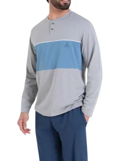 Pyjama long en coton gris uni à col tunisien avec une coupe droite