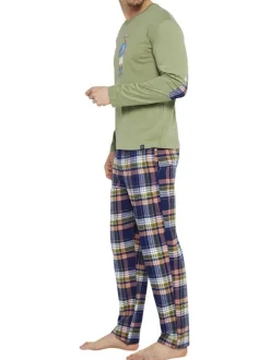 Pyjama long en coton kaki à carreaux avec une coupe droite et un col rond