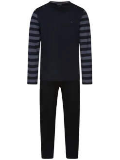 Pyjama long en coton marine avec une coupe droite un col v et des manches rayées