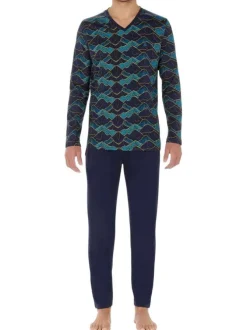 Pyjama long en coton marine avec un imprimé montagne et un col v