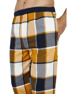 Pyjama long en coton marine à carreaux avec une coupe droite et un col rond