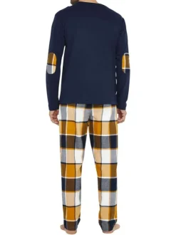 Pyjama long en coton marine à carreaux avec une coupe droite et un col rond