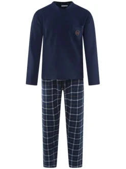 Pyjama long en coton marine à carreaux avec une coupe droite et un col v