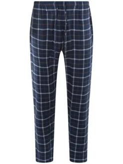 Pyjama long en coton marine à carreaux avec une coupe droite et un col v