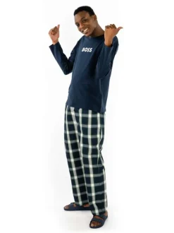 Pyjama Long en coton marine à carreaux avec une taille élastiquée