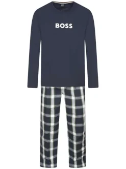 Pyjama Long en coton marine à carreaux avec une taille élastiquée