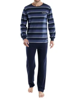 Pyjama Long en coton marine coupe droite avec un col rond et un haut rayé