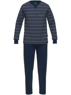 Pyjama long en coton marine coupe droite col rond avec un haut rayé